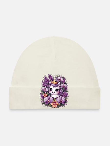 Kawaii Unicorn with Orchids and Lilac - Organic Baby Cap - white - Front