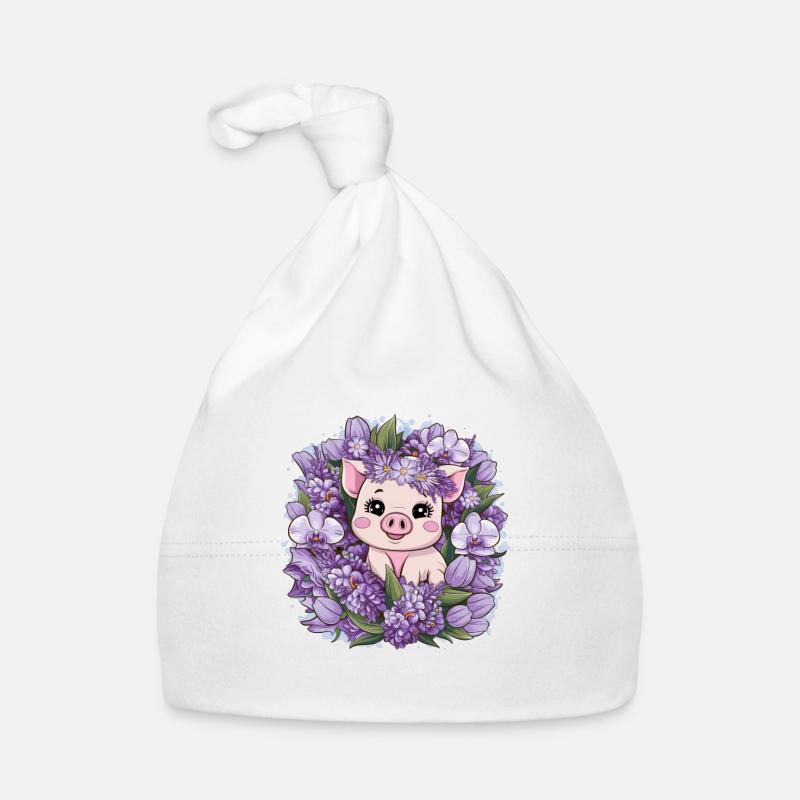 Cochon de style kawaii de dessin animé avec des orchidées Bonnet bio Bébé