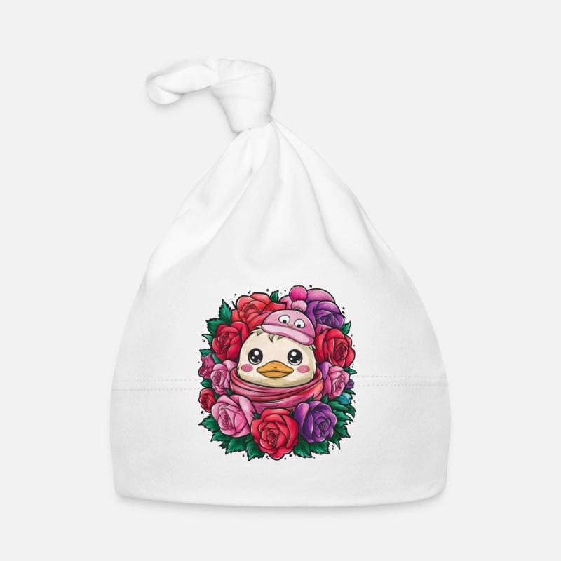Canard kawaii avec des roses colorées Bonnet bio Bébé