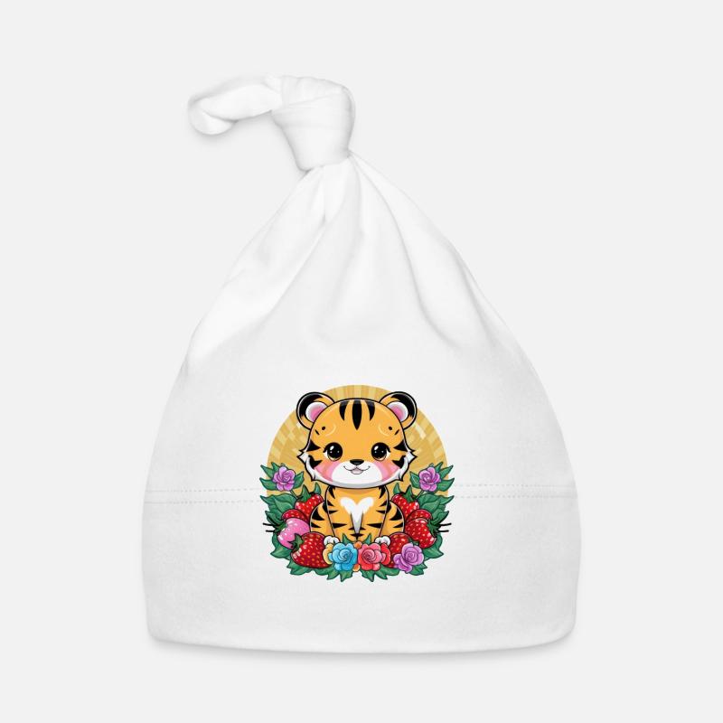 Kawaii Tiger mit Erdbeeren und Rosen Baby Bio-Mütze