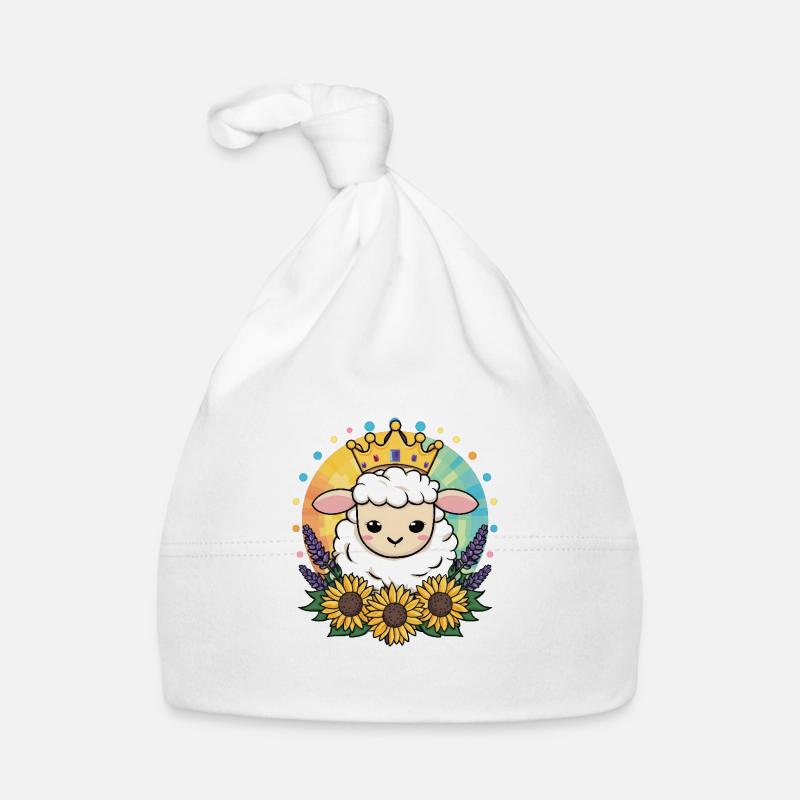 Kawaii Schaf mit Krone, Sonnenblumen & Lavendel Baby Bio-Mütze