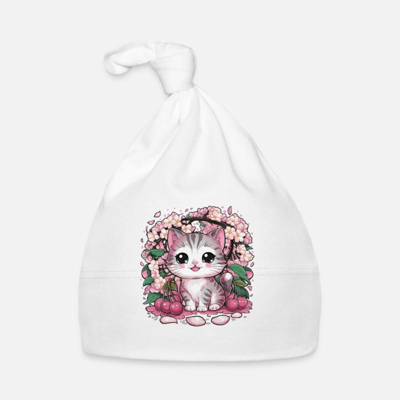 Kawaii Katze mit Kirschblüten und Kirschen Baby Bio-Mütze