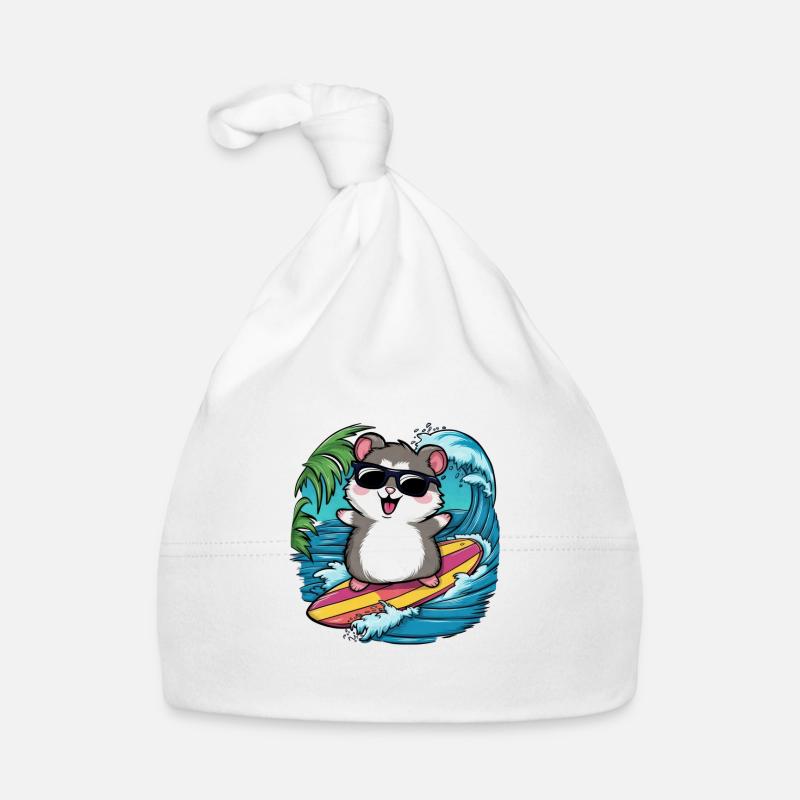 Hamster dans le style dessin animé avec planche de surf et plage Bonnet bio Bébé