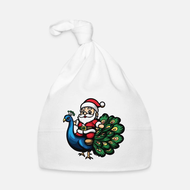 Oiseau Paon Père Noël Dessin animé - Bonnet bio Bébé - blanc