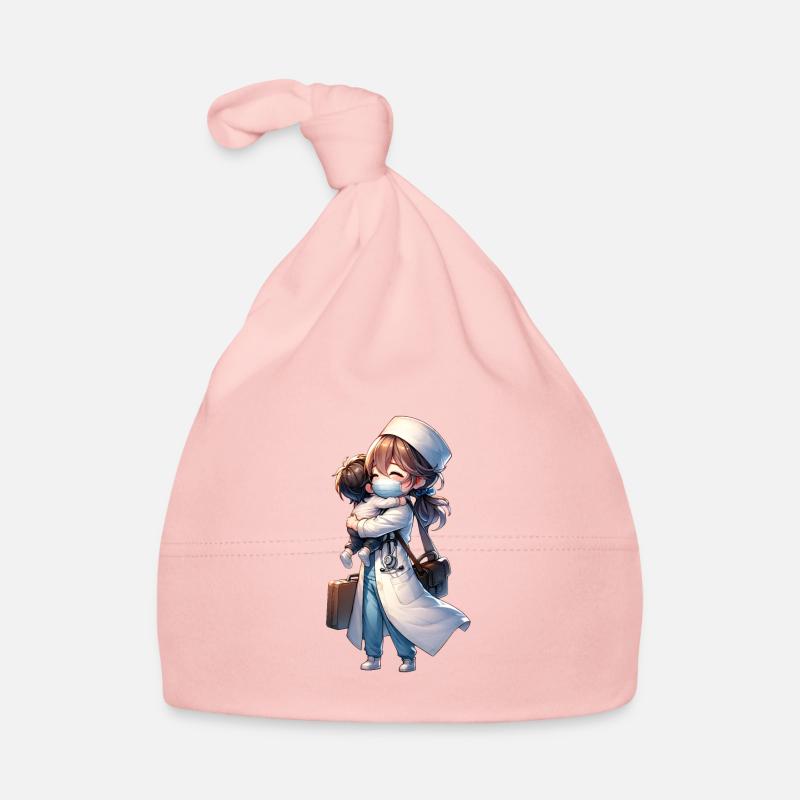 Eine Arztmutter kommt von der Arbeit nach Hause Baby Bio-Mütze