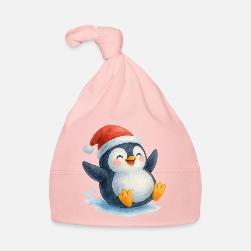 Le Pingouin de Noël dans le style aquarelle - Bonnet bio Bébé - rose