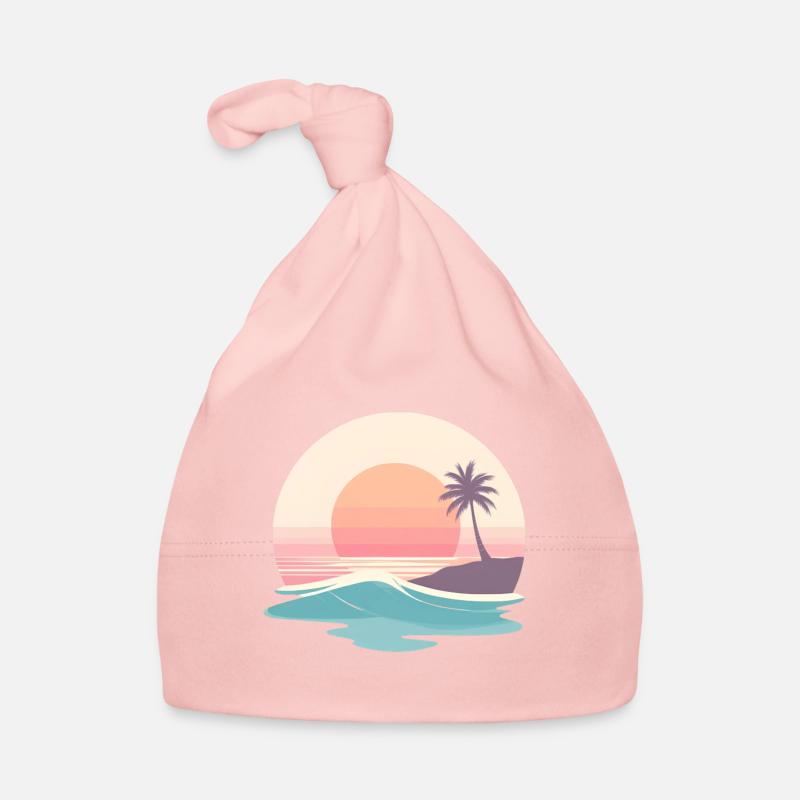 Plage rétro du coucher de soleil & palmier - Bonnet bio Bébé - rose