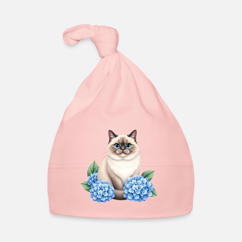 Chat Ragdoll mignon avec des hortensias bleus Bonnet bio Bébé