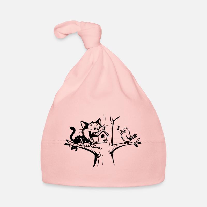 Schwarzer Humor Katze & Vogel Cartoon Baby Bio-Mütze