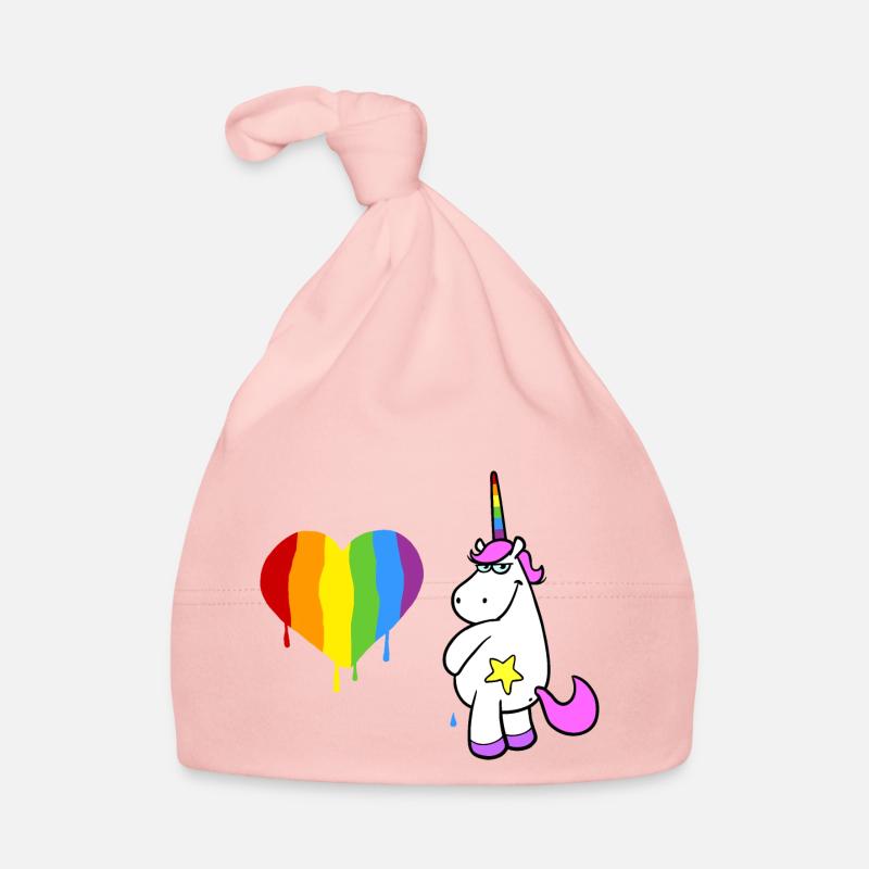 Rosa Einhorn pinkelt ein großes Herz in Regenbogen Baby Bio-Mütze