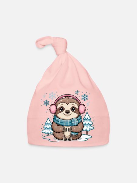Winter sloth with scarf and ear warmers - Organic Baby Cap - pink - Front