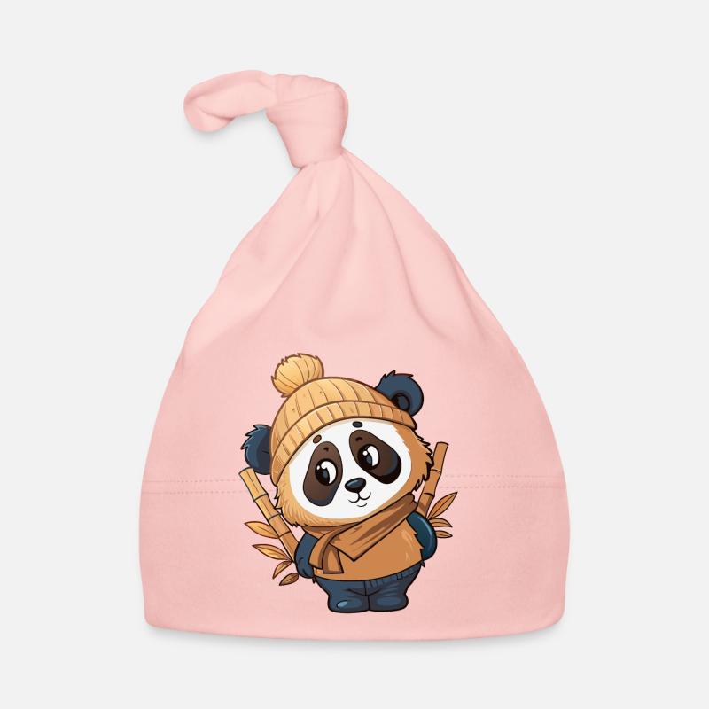 Panda mignon avec écharpe et chapeau à pompon. Bonnet bio Bébé