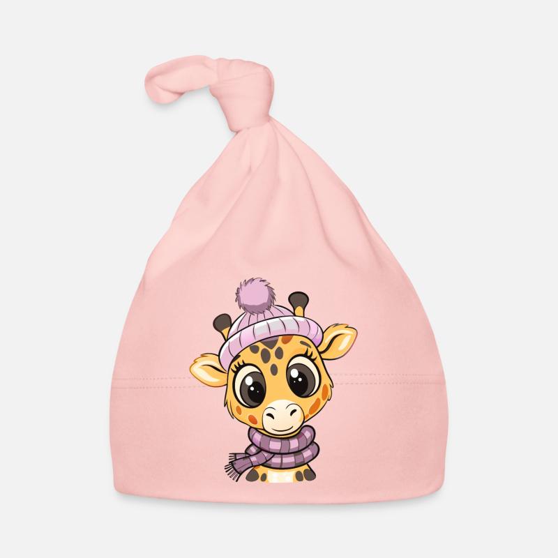 Jolie girafe avec écharpe et chapeau à pompon. Bonnet bio Bébé