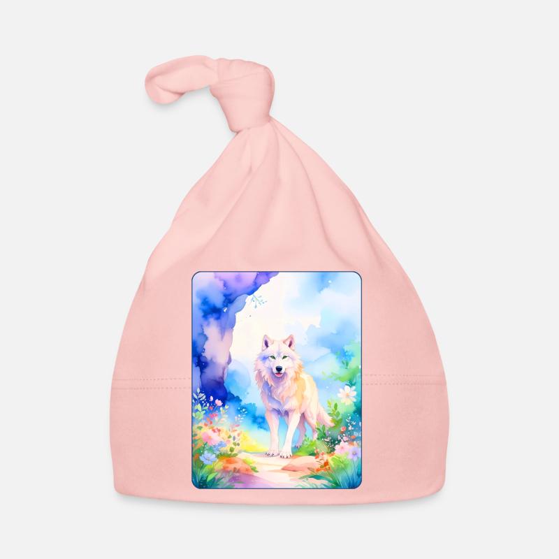 Loup blanc entouré de fleurs Bonnet bio Bébé
