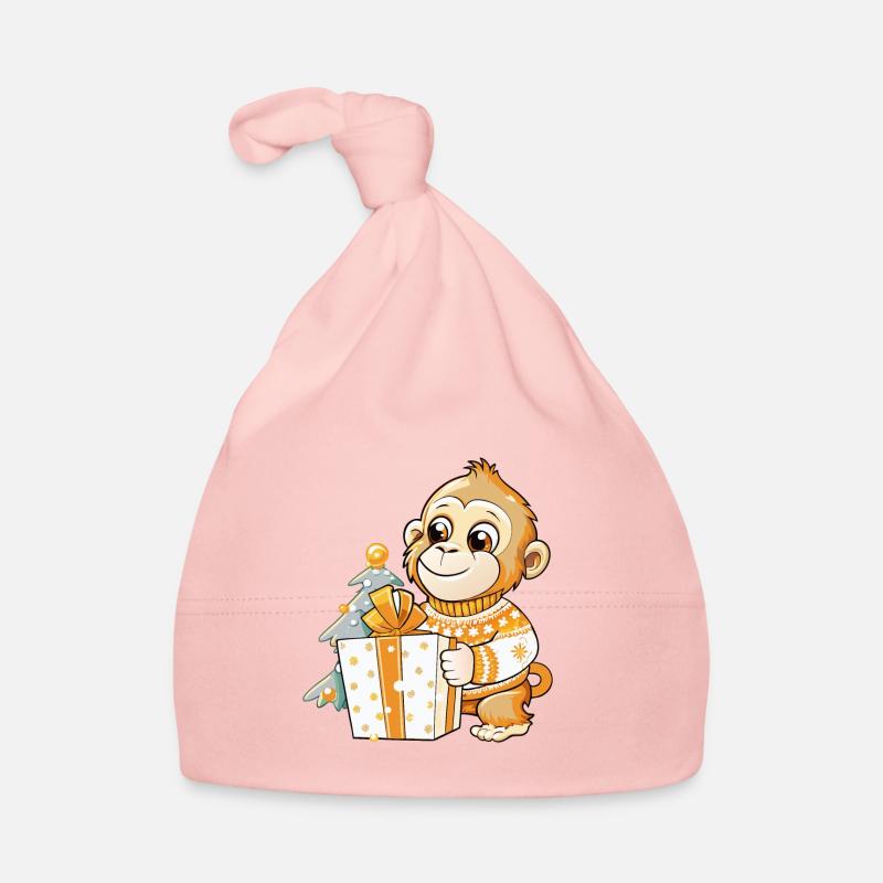 Cute monkey unwrapping gift Organic Baby Cap