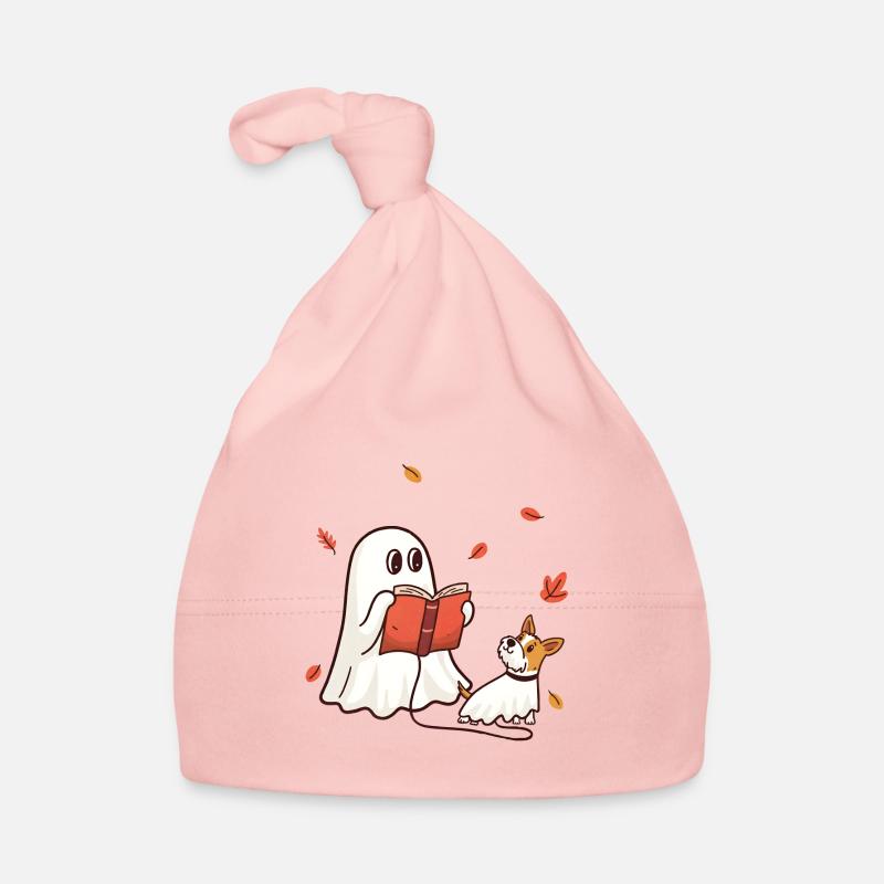 Kleiner Halloween Geist liest ein Buch mit Hund Baby Bio-Mütze