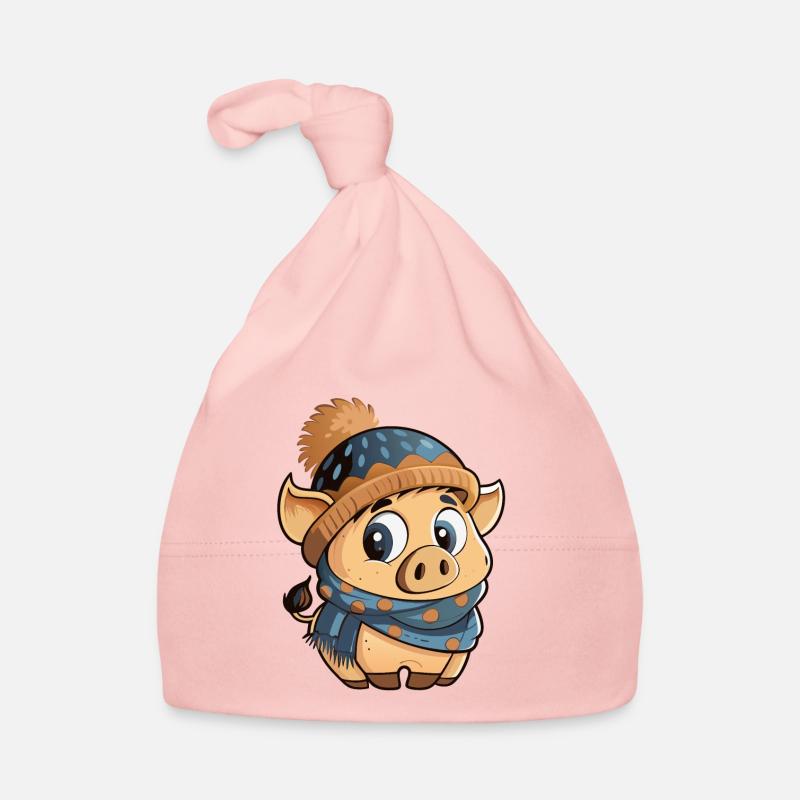Mignon cochon avec écharpe et chapeau à pompon. Bonnet bio Bébé