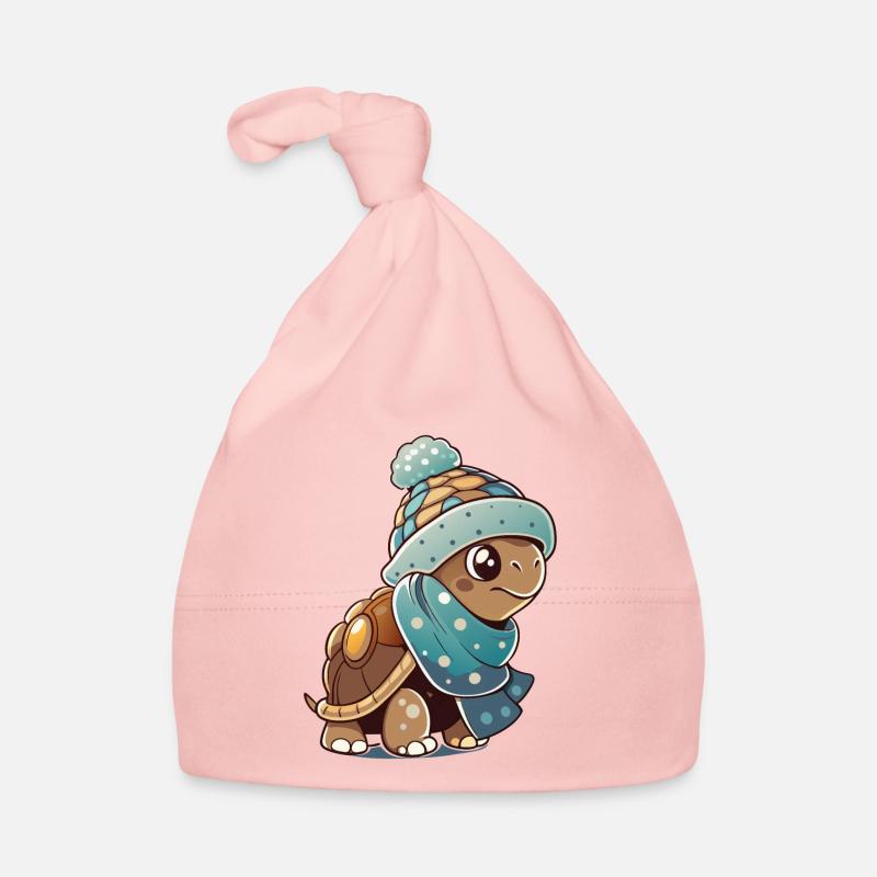 Cute turtle with scarf and bobble hat. Organic Baby Cap
