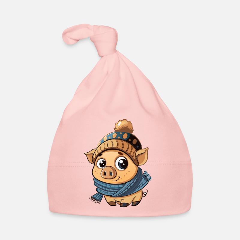 Mignon cochon avec écharpe et chapeau à pompon. Bonnet bio Bébé