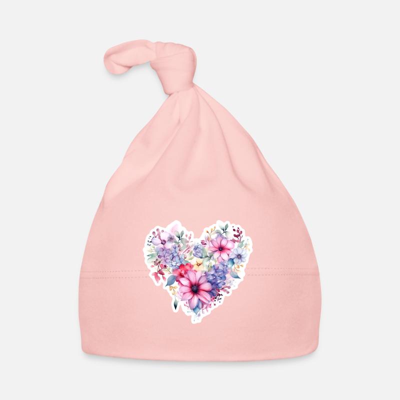 Aquarelle Cœur de Fleur - Bonnet bio Bébé - rose