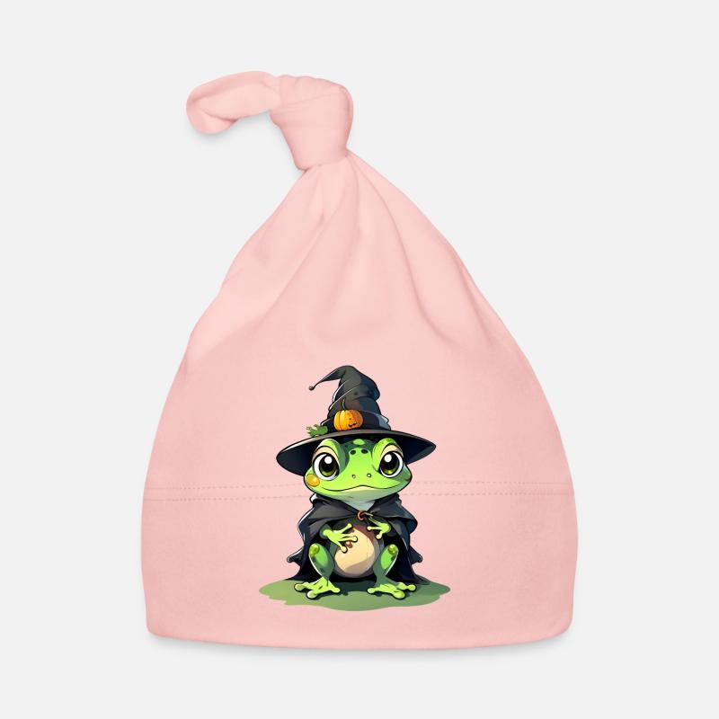 Mignonne grenouille d’Halloween avec chapeau de sorcière. - Bonnet bio Bébé - rose