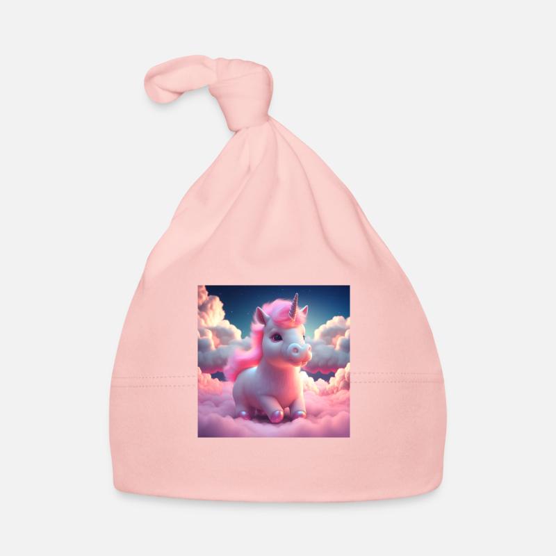 Mignon bébé licorne courant de manière ludique sur les nuages - Bonnet bio Bébé - rose