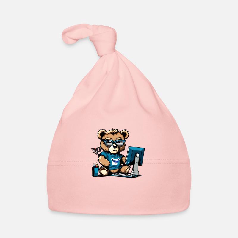 Wütender kleiner Teddybär, der Entwickler ist. Baby Bio-Mütze