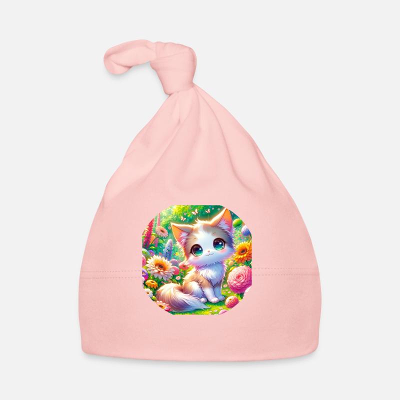 Un chat d’anime mignon dans un jardin de fleurs Bonnet bio Bébé