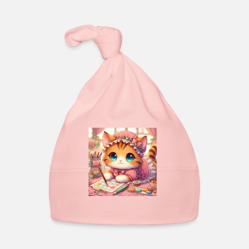 chaton artiste - Bonnet bio Bébé - rose