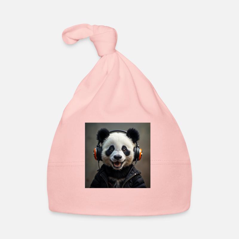 Panda souriant écoutant de la musique - Bonnet bio Bébé - rose