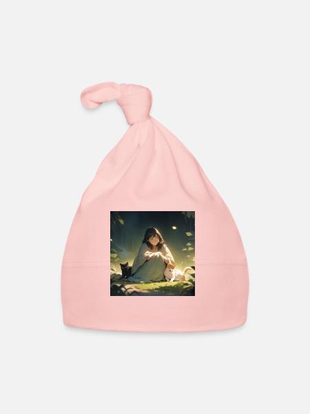 Fille avec chien et chat - Bonnet bio Bébé - rose - Devant