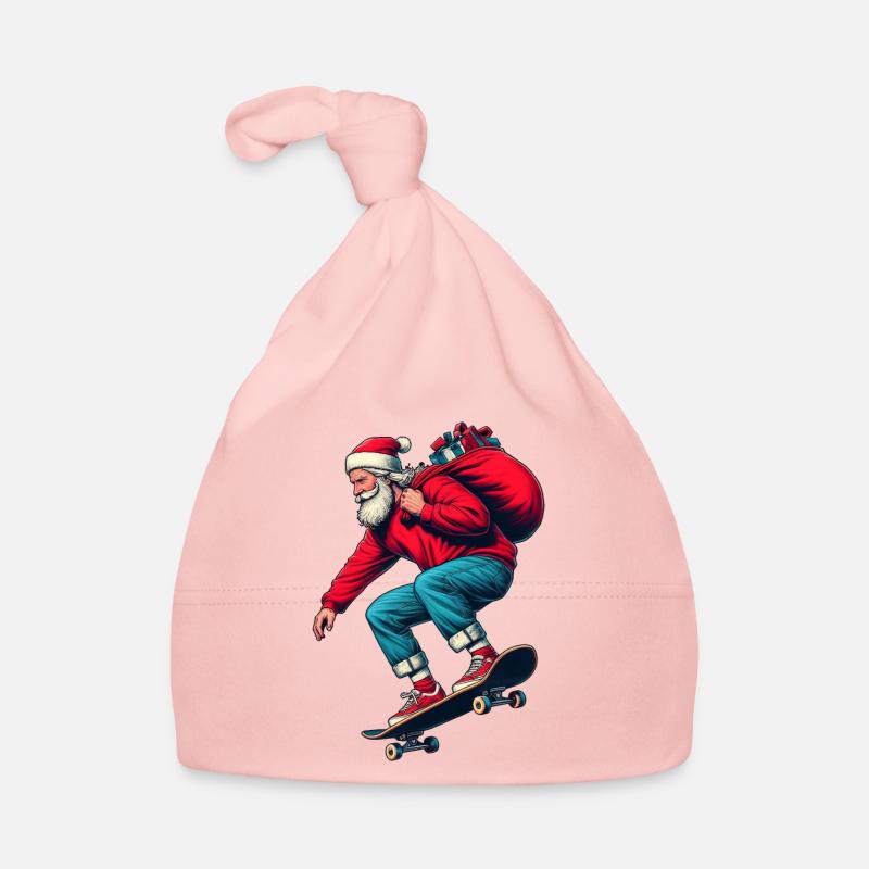 Weihnachtsmann Schlittschuh! Er springt auf ein Skateboard. Baby Bio-Mütze