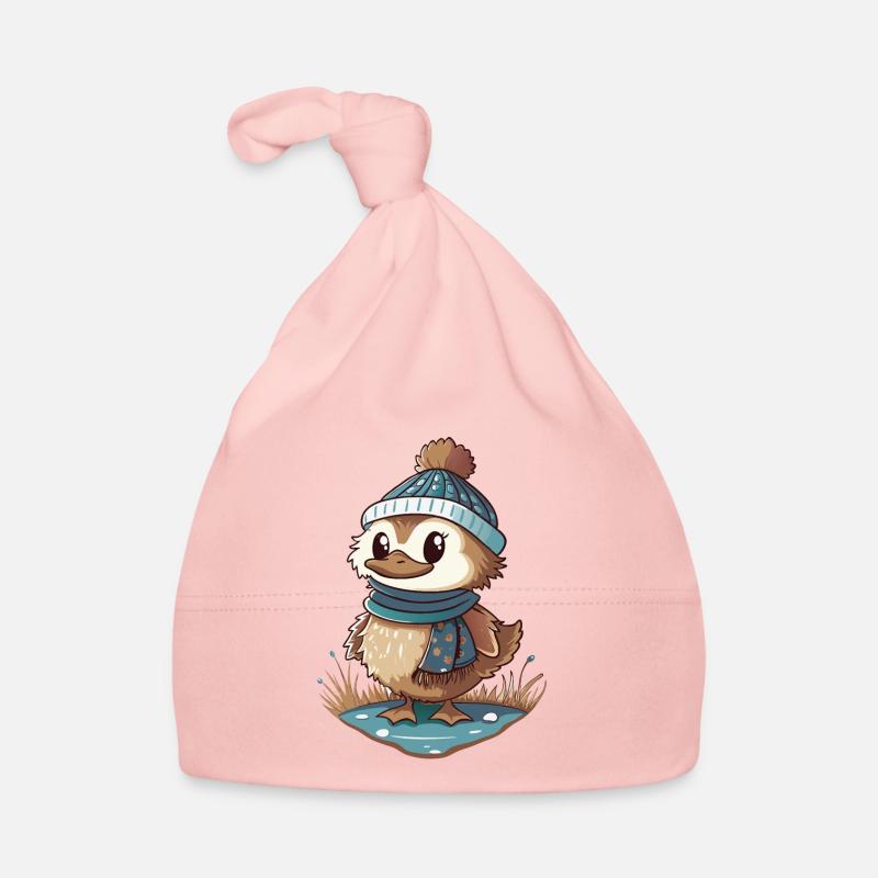 Canard mignon avec écharpe et chapeau à pompon. Bonnet bio Bébé