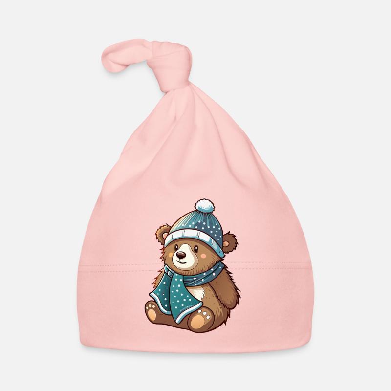 Ours mignon avec écharpe et chapeau à pompon. Bonnet bio Bébé