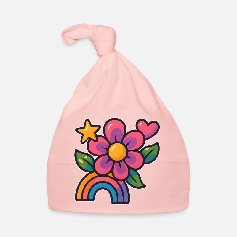 Bunte Blumen- und Regenbogen-Illustration  Baby Bio-Mütze