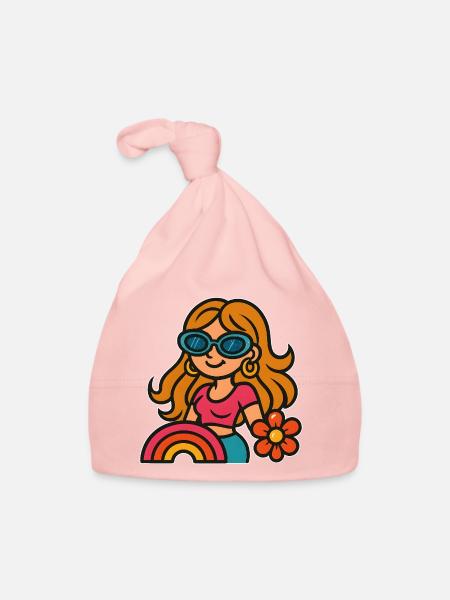 Retro Summer Girl - Flower Power Look - Baby Bio-Mütze - Rosa - Vorne