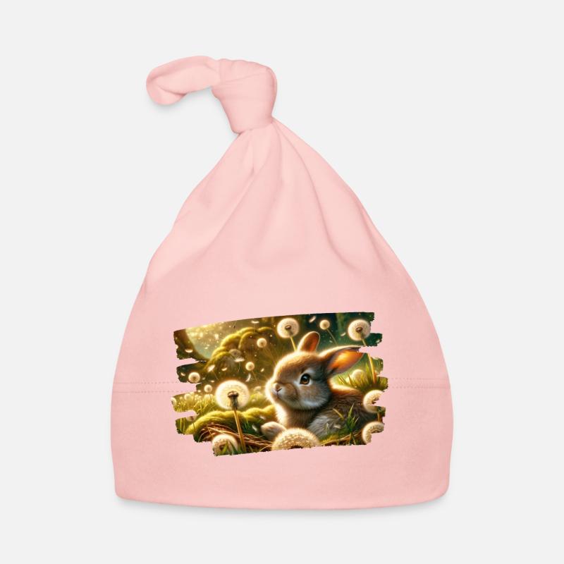 Rêve printanier avec lapin parmi les pissenlits - Bonnet bio Bébé - rose