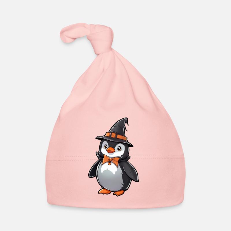 Pingouin d’Halloween mignon avec chapeau de sorcière. Bonnet bio Bébé