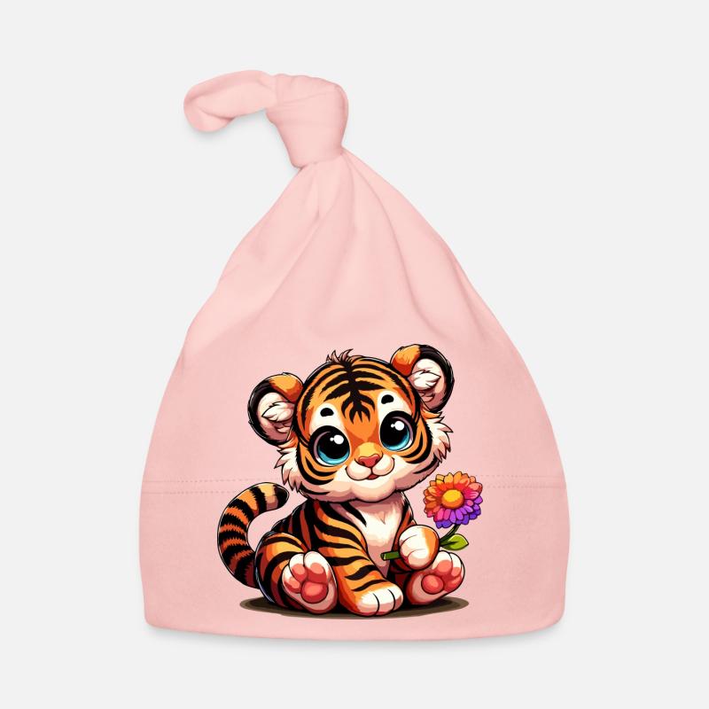 Bébé tigre mignon avec une fleur à la main Bonnet bio Bébé