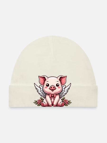 Mignon Cochon Ange Roses Dessin Animé Ailes - Bonnet bio Bébé - rose - Devant