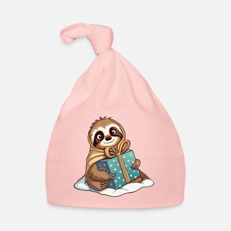 Niedliches Faultier packt Geschenk aus Baby Bio-Mütze