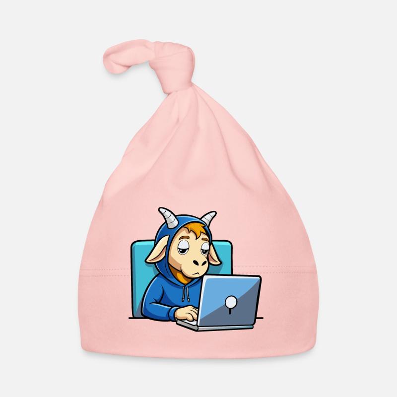 Niedliche Hacker Ziege schläft im Hoodie vorm PC Baby Bio-Mütze