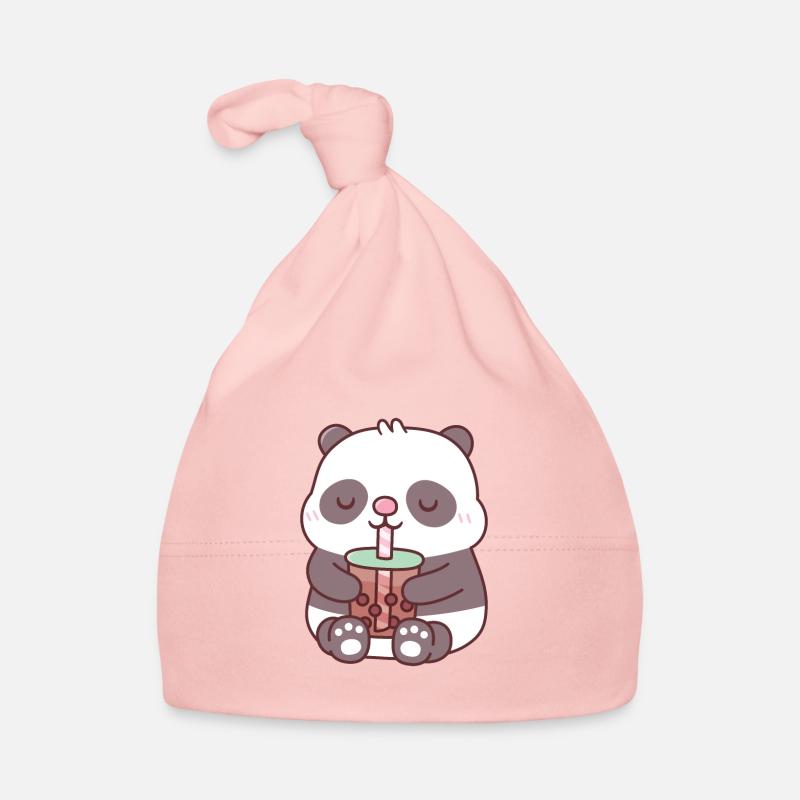 Niedlicher molliger Pandabär, der Bubble Tea trinkt Baby Bio-Mütze