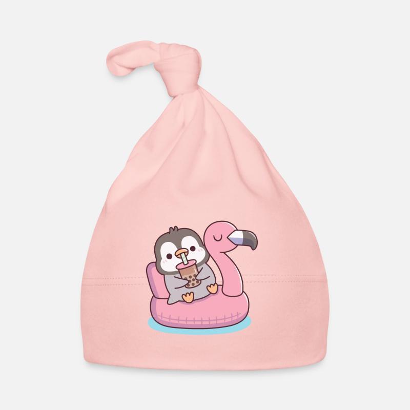 Cute Penguin Chilling On Flamingo Pool Float Organic Baby Cap
