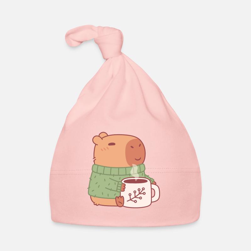 Capybara mignon en pull avec du café chaud - Bonnet bio Bébé - rose