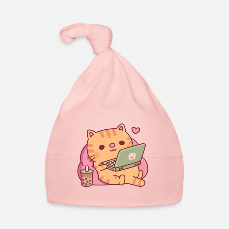 Süße Chill Tabby Katze Mit Laptop Und Bubble Tea Baby Bio-Mütze