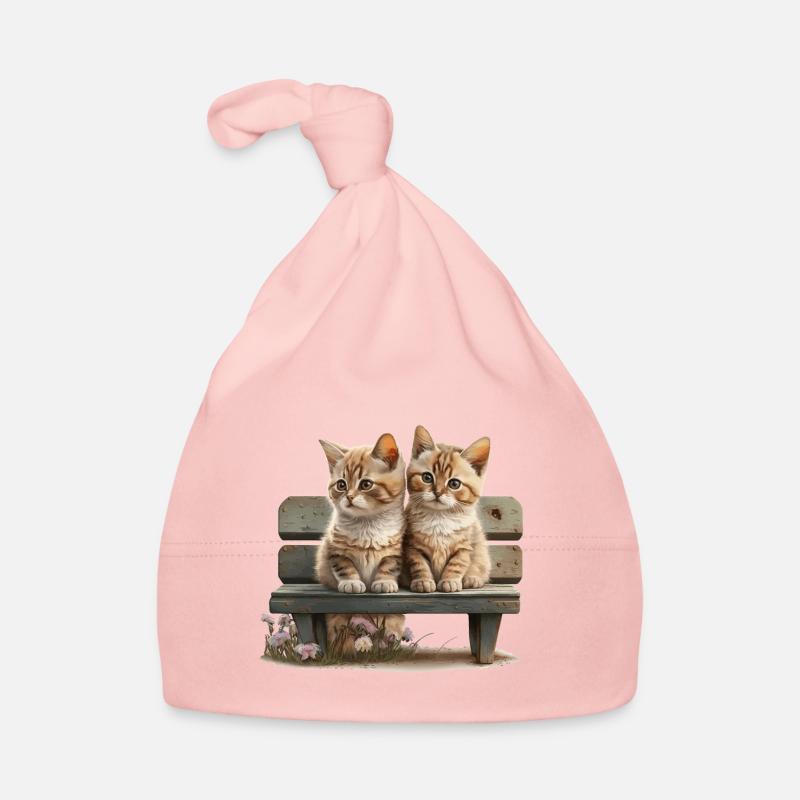 2 chats sur banc cadeau Bonnet bio Bébé