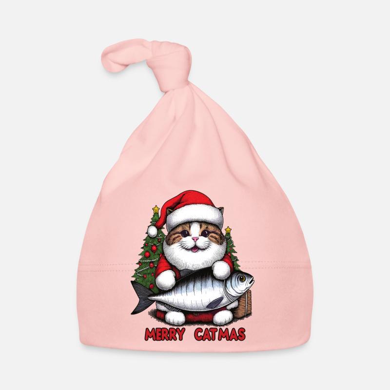 Dicke Katze als Weihnachtsmann mit Thunfisch, Merry Catmas Baby Bio-Mütze