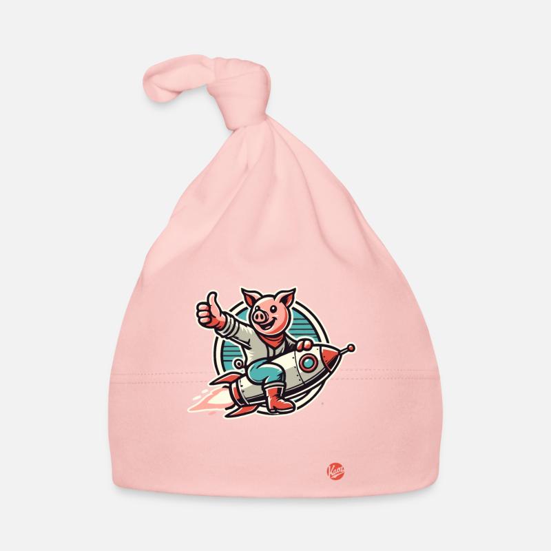Pouce levé, un cochon sur une fusée Bonnet bio Bébé