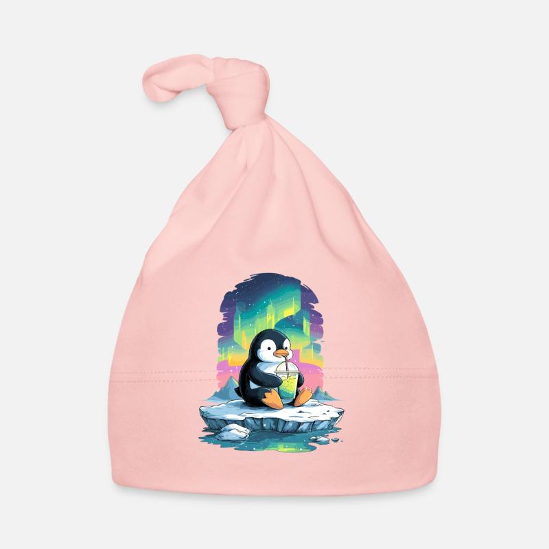 Pinguin am Eis mit Neon-Aurora Baby Bio-Mütze